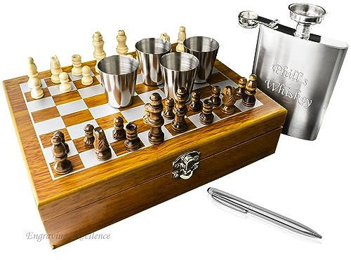 Engraved 8oz Hip Flask Chess Set - Personalised Flask for Men - Hip Flask Gift Set with 2 Cups a Ball Pen & a Pouring Funnel