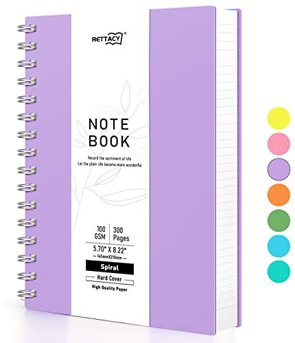 RETTACY A5 Notizblock, Notizbuch, Spiralgebundene Notizbücher, 300 Blatt/150 Seiten Zum Schreiben, 100 G/m² College-liniertes Papier, PVC-Hardcover, 14,5 X 21 Cm – Lila