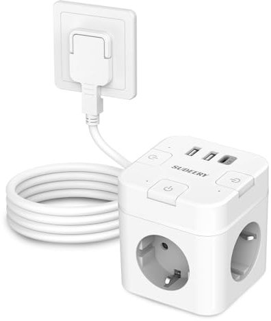 6 in 1 Steckdosenwürfel mit USB C, 3 Fach Steckdosenleiste Flachstecker mit Einzeln Schaltbar, Mehrfachsteckdose Würfel mit 2m Kabel, 1 Typ-C USB Mehrfachstecker für Büro Hause Reisen (Weiß)