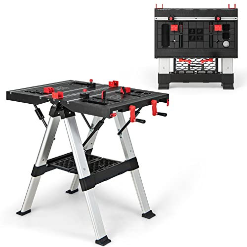 COSTWAY 2 in 1 Banco da Lavoro Pieghevole, Tavolo da Lavoro Portatile con Altezza Regolabile e Sistema di Bloccaggio, Telaio in Alluminio e Metallo, Capacità di Carico 454 KG (Modello 4)