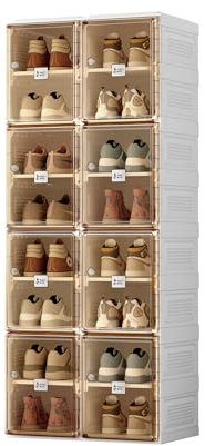 Mayi Box Shoe Storage Box Shoe Rack Storage Multifunctional Foldable Shoe Organiser with Magnetic Transparent Door, No-Installation Clear Stackable Shoe Box for Women/Men (Brown, 2 Rows 8 Layers)