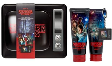 Stranger Things Static Tv Tin Set 100ml Body Wash 100ml Shampoo & Conditioner & Tv Keyring