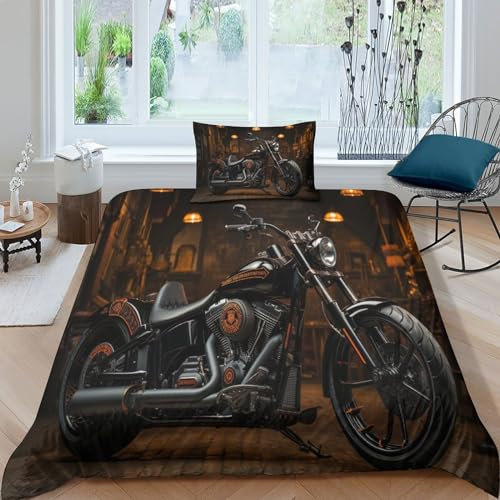 Harley Rider Bettwäsche Set 3D Drucken Bettwäschegarnitur Schlafkomfort Microfaser Vintage -Motorrads Bettbezug Set 3-teilig Mit Reißverschluss Und Kissenbezüge Für Mädchen Junge Single（135x200cm）