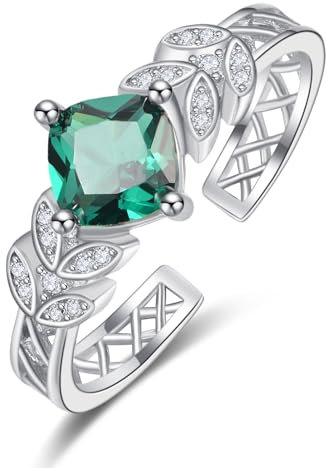 KINGWHYTE Blatt Ring 925 Sterling Silber Smaragd Geburtsstein Ring Grün Daumen Finger Ringe Mai Geburtsstein Schmuck Geschenke für Frauen Mädchen