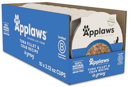 Applaws Natural Wet Cat Food in Gravy, Limited and Natural Ingredients, High Protein with No Artificial Additives, Tuna Fillet & Crab in Gravy (10 x 2.12 oz Easy-Open Cups)