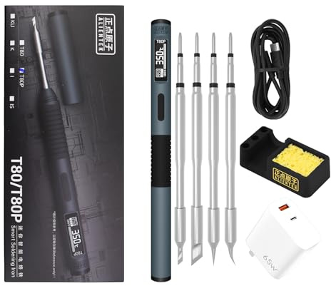 ALIENTEK Kit saldatore, 100 W riscaldamento rapido T80/T80P Saldatore digitale PD/QC, display digitale OLED portatile di tipo C, spegnimento automatico (T80P+C2C+4 punte tipo+PD 65W)