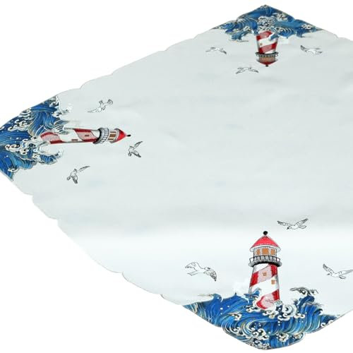 matches21 HOME & HOBBY Tischdecke Yvonne 85 x 85 cm Maritime Stickerei Leuchtturm & Möwen Elegante Mitteldecke Polyester