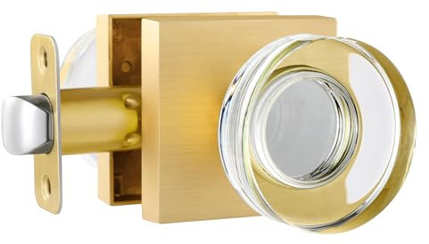 naubea Glass Door Knobs Passage Door Knob Crystal Door Knobs Interior for Closet and Hallway, Square Satin Brass Door Knobs, Modern Brushed Gold Door Handles