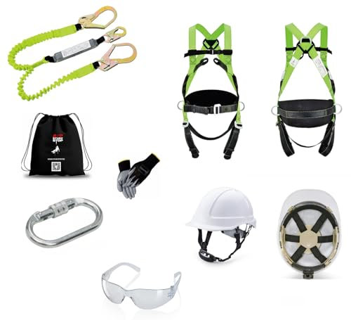Generisch Absturzsicherung SET Auffanggurt EN361, EN358 inkl. Doppel Elastic Halteband 1,3m -1,8m mit Band Falldämpfer EN355 inkl. Kletterhelm EN397 inkl. Brille inkl. Karabiner EN362