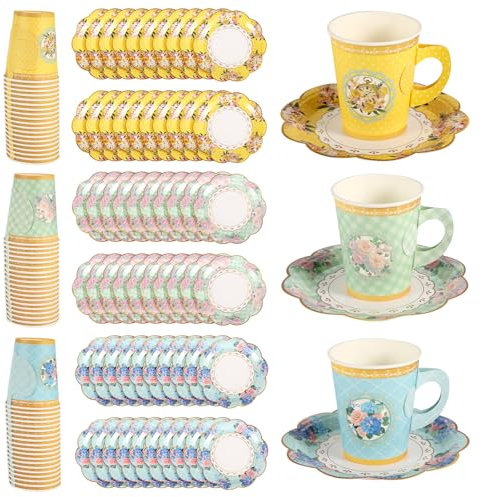 120pz Talking Tables Tazze, Set di Stoviglie Usa e Getta 60 Tazze da tè in Carta con Manico 60 Piattini in Pizzo Stoviglie Floreali per Feste per Ragazze Forniture per Tea Party