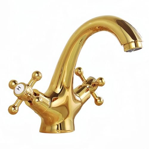NIUKOMY Rubinetto da Bagno Lavello Ottone Oro, Miscelatore Bagno Doppia Maniglia, Rubinetti Lavabo Acqua Fredda e Calda con Tubo Flessibile
