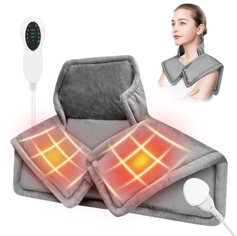 Neck Heat Pad, Velvet Heated Neck Warmer for Pain with 10 Levels Temperature Adjustments, 3 Timer Setting, Foldable Heat Pads for Neck and Shoulder Pain Relief, Machine Washable (Grau)