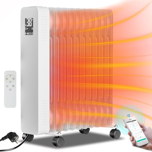 Sonnewelt 2500W Radiateur à Huile, Radiateur à Huile à économie d'énergie, avec 11 nervures 3 niveaux de chauffage, thermostat, WiFi app & télécommande, affichage digital, Blanc