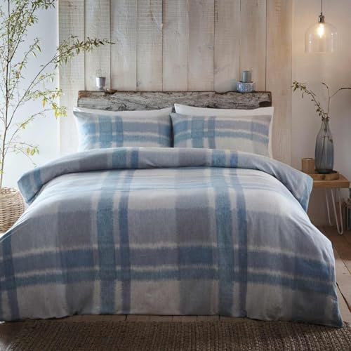 Appletree Verbier Blue Flannelette Duvet Cover – Single Size (135x200cm) – 100% Brushed Cotton – Super Soft Tartan Bedding – Light Blue Check – Sky Blue Plaid Bed Set – 1 Pillowcase Included