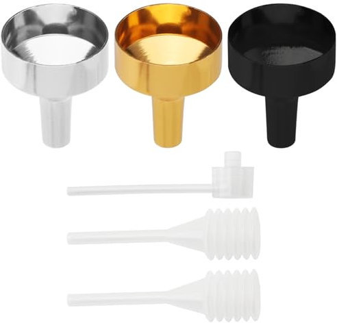 3 pequeños embudos para llenar botellas, mini embudo de metal, embudo de aluminio para ollas de vino de líquidos, cosméticos, diámetro de apertura 1,8 cm, con gotero de resorte