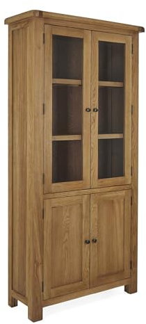 RoselandFurniture Zelah Oak Display Cabinet with Glass Doors & Cupboard | Ready Assembled Traditional Rustic Tall Solid Wooden Storage Unit for Dining Room, Hallway or Living Room