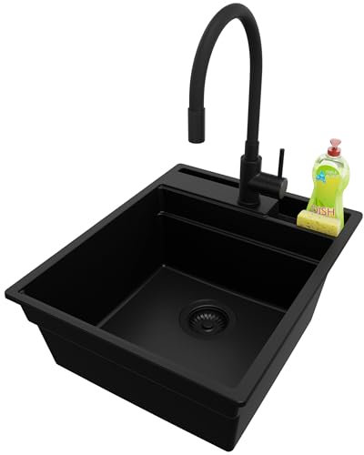 PRIMAGRAN Fregadero Granito Todo Negro 43x53cm, Cocina 1 Seno + Grifo 40x38cm + Sifón, Sobre encimera al mueble 45cm - Oslo Pocket S055