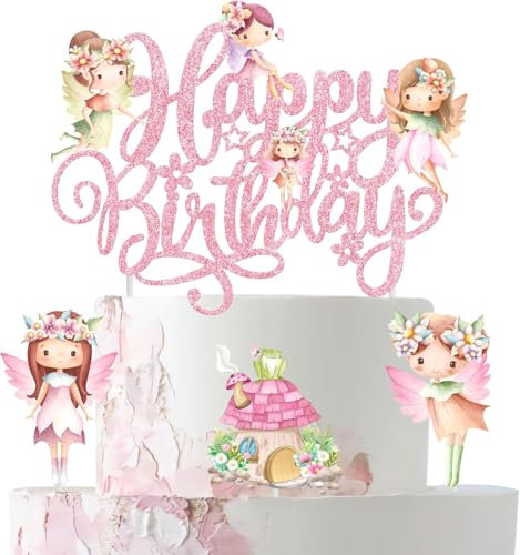 Tortendeko Fee Happy Birthday Cake Topper Feen Glänzend Elfe Muffin Deko Elfen Kuchen Deko Geburtstag für Mädchen Frau Geburtstagsfeiern, Märchenfeenparty
