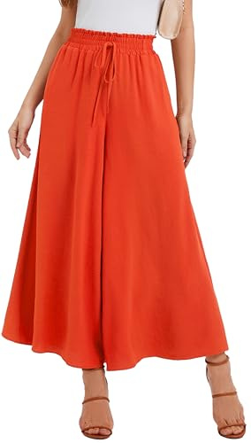 WUWUSKY Sommerhose Damen Leicht Lässige Palazzo Hose Elegant High Waist Baggy Freizeithose mit 2 Taschen