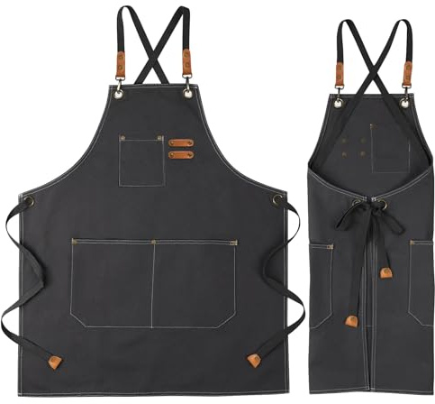 UDIANIS Chef Apron for Men Women - Cross Back Workshop Apron for Cooking, Baking, BBQ, Art Painting - Heavy Duty Denim Work Apron with Pockets for Garden, Craft, Garage
