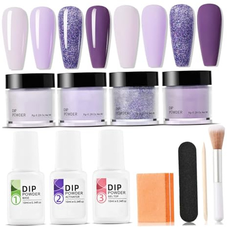 Nail Dip Powder Kit 4 Colors Nail Kit Includes Activator Base/Top Coat Brush Buffer Stick Purple Blue Long-Lasting for Beginner DIY Salon Home