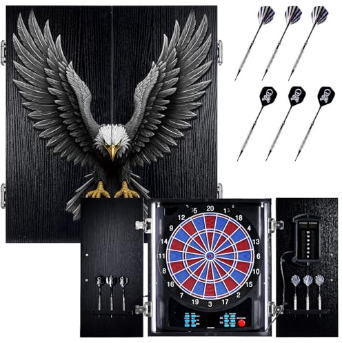 Yirinatek Dartscheibe Elektronisch, Dekoratives Elektronische Dartscheibe Schrank [6 Bronze Soft-Tip Pfeile], Eigene Lichtfarbe for Jeder Spieler, Profi E Dart Scheibe mit Holzschranktüren - [Adler]