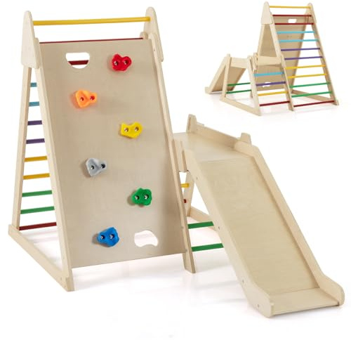 HOMASIS 3 in 1 Kletterdreieck mit Kletterleiter & Rutsche, Holz Klettergerüst Indoor mit Kletterwand, Spielplatz zum Klettern & Rutschen, Sprossendreieck für Kinder ab 3 Jahren (Bunt)