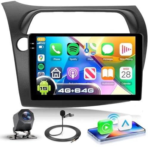 VECHTEL 4G+64G Android 15 Radio Coche para Honda Civic 2006-2011, 9 Pulgadas In-Cell HD Pantalla Táctil con Carplay Android Auto Inalámbrico, Autoradio Soporte GPS Wi-Fi USB Bluetooth FM RDS Cámara