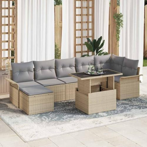 Tonture Sofa Set mit Kissen 8-teilig Beige Poly-Rattan, modular Outdoor Lounge Sitzgruppe, höhenverstellbarer Tisch für Garten & Terrasse