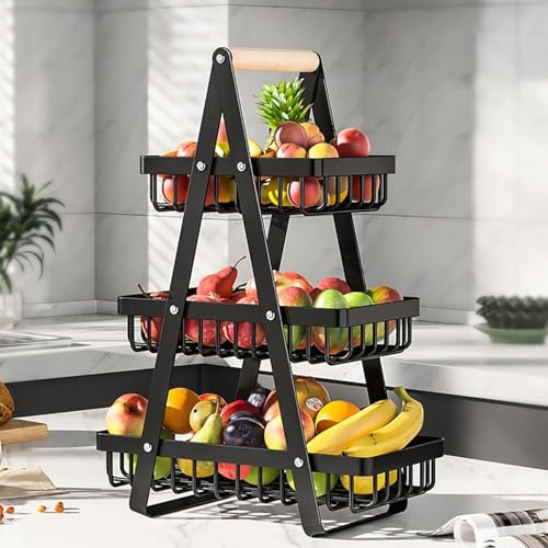 Fruit Stand Fruit Bowl, 3-Tier Fruit Basket, Fruit Bowl, Bread Basket, Detachable with Wooden Handle, Vegetable Bread Basket, Kitchen, home countertop trays, Vegetables, Fruits, Snacks (3 Tier Rack)