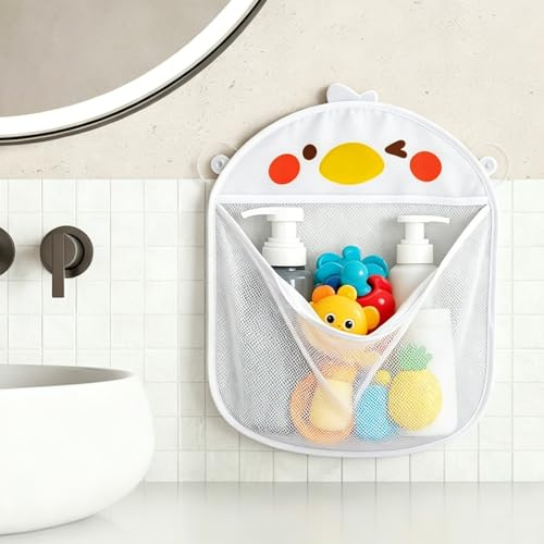 Courage erupts Bath Toy Storage – Mesh Bath Toy Storage Net with Suction Cups, Quick-Dry Bathroom Storage for Keep Kids Bathtub Toys Dry (White)