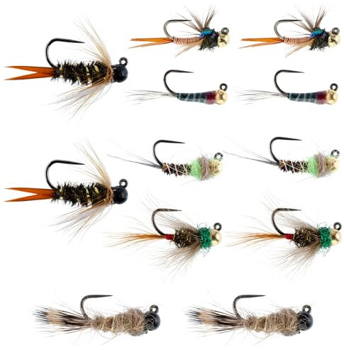 The Fly Fishing Place Taktische tschechische Nymphe Fliegenfischen ohne Widerhaken, ein Dutzend Wolframperlen, Euro-Nymphen-Fliegen-Sortiment, je 2 von 6 Mustern, Hakengrößen 12, 14 und 16