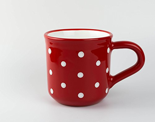 UNGARNIKAT – Keramik Frühstückstasse 500ml – Rot mit handbemalten weißen Punkten – Landhausstil – Handgemacht – Kaffeebecher Jumbotasse – Spülmaschinenfest & Mikrowellengeeignet – XXL-Tasse