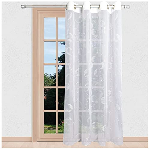 SeGaTeX home fashion Bestickter Langstore Filia mit Chrom-Ösen Gardine in weiß Ösenschal als Fertigstore Vorhang komplett Sablé halbtransparent 245 x 260 cm