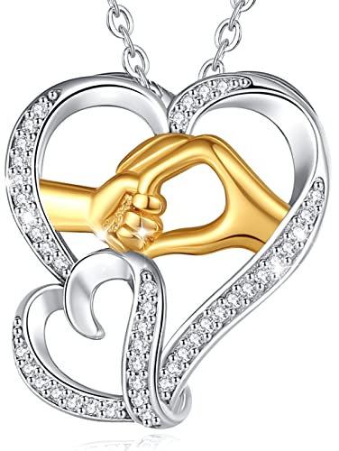 INFUSEU Mutter Tochter Kette, 925 Silber Anhänger Mama Tochter Geschenk Stiefmutter Sohn Kind Halkette Schmuck Hand In Hand Golden Geschenk Für Mama Frauen Unsere Dame