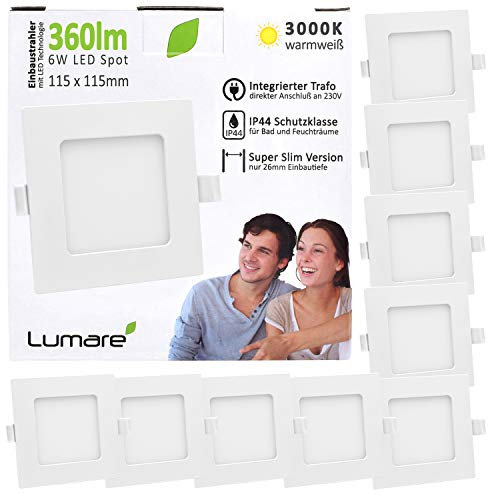 LUMARE | LED Spot encastrable 6W | 360lm | Extra plat, 26mm de profondeur d'encastrement | Ø100mm diamètre du trou de perçage | Spot Salon, Salle de bain | 230V | IP44 | Blanc Chaud 3000K | SET 9