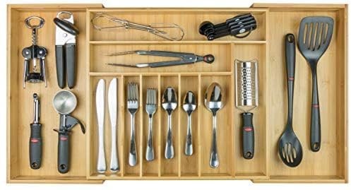 KitchenEdge Bandeja de cubiertos y organizador de utensilios para cajones de cocina, ampliable hasta 84 cm de ancho, 11 compartimentos, 100% bambú