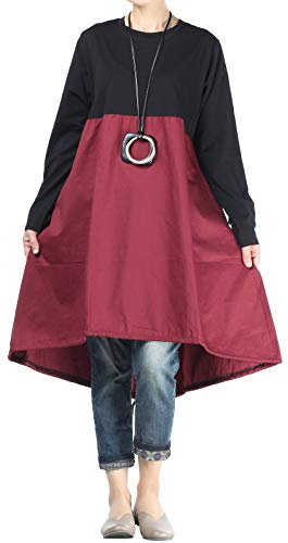 Vogstyle Damen Langarm A-Linie Beiläufige Lose mit Tasche T-Shirt-Kleid Art 3-Rot M