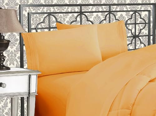 Elegant Comfort Luxuriöses 1500 Premium-Bettwäsche-Set aus Mikrofaser in Hotelqualität, dreireihig, Bestickt, weichste 4-teilges Bettlaken-Set, Knitter- und lichtbeständig, Full, Kamel-Gold