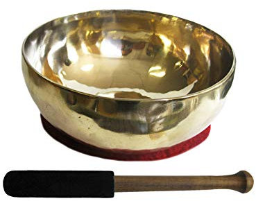 Klangschale für Klangtherapie & Klangmassage 4-tlg Set. 400-500g Sangha Gold UNIVERSALSCHALE für Selbstheilung, Ruhe, Entspannung. Polierte Handarbeit Tibet/Nepal mit Kissen, Klöppel. 81601-1