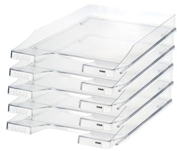 HAN Briefablage JUNIOR, 5 STÜCK, Dokumentenablage, Briefkorb, Briefhalter, Organizer Büro, Papierablage, Flache Ablage bis Format DIN A4/C4, 1025-23, transparent-glasklar