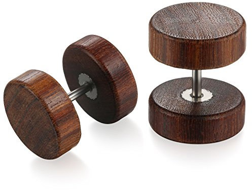 Flongo Holz Ohrstecker 8mm Knopf für Männer und Frauen, Gestüt Stecker Fake Plug Tunnel Piercing Ohrschmuck in Dunkelbraun