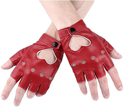 MHGLOVES Damen Lederhandschuhe Fahren, Herzausschnitt Punk Half Finger Driving Handschuhe, Fingerlose ungefütterte Fitness Radfahren Motorradhandschuhe (2 Paar),Rot
