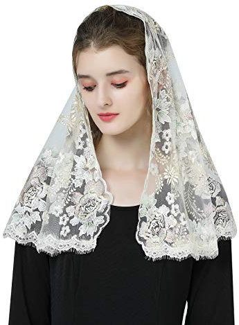 BEAUTELICATE Spitze Mantilla Schal Schleier Tüll Stola Golden Champagner Für Damen Kirche Messe Kapelle Katholisch Braut V116 (Mischfarbe Blumenstickerei - D Form)