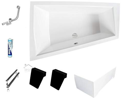 ECOLAM Badewanne Intima Duo Eckwanne für Zwei 170x125 cm LINKS + Schürze aus Acryl + 2x Kopfstütze Ab- und Überlauf Automatik Füße Silikon Komplett-Set - PERFEKT FÜR ZWEI PERSONEN
