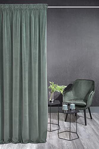 Eurofirany KRISTI Samt Vorhang Velvet Weich Kräuselband -1 Stk. Dick 330g/m² Edel Elegant Glatt Einfarbig Flauschig Modern Klassisch Pastellfarbe Wohnzimmer Schlafzimmer, 140x270 cm, Grün