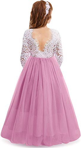IWEMEK Cils Dos Nu V-Back Dentelle Tulle Maxi Robe Manche Longue Fille Mariage Honneur Robes de Bal Ceremonie Première Communion Soirée Anniversaire Fête Robes pour Enfants Rose Profond 7-8 Ans