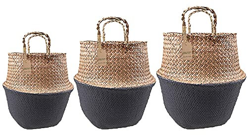 AUGUT Coqlycot 3X Naturkorb Aufbewahrungskorb aus Seegras Faltbarer Nordischer Stil mit Griff für Pflanze Blumentopf Spielzeug Lagerung Gartendekoration (Grau)