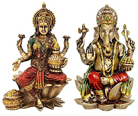 AONA Polyresin Lakshmi Ganesha sitzend auf Lotus, Höhe 17,8 cm