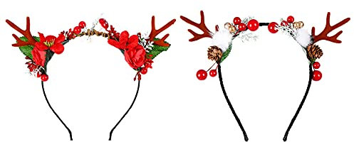 Bandeau de cerf de fleur de noël,2 styles cerceau de cheveux couronne pin floral bois de wapiti,accessoires de cheveux de nouveauté de noël accessoires de photo de festival costume pour les femmes